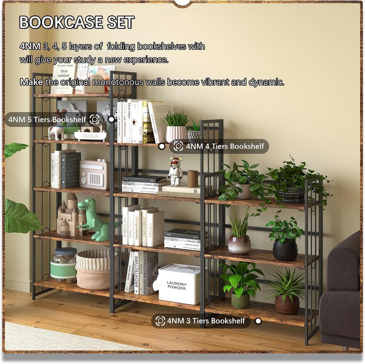 4NM No Assembly 4 Tiers Folding Bookshelf, 47.2" H Foldable Storage Shel...