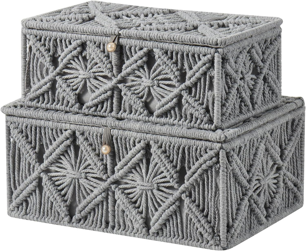2PCS Decorative Boho Storage Basket with Lid Natural Macrame Box