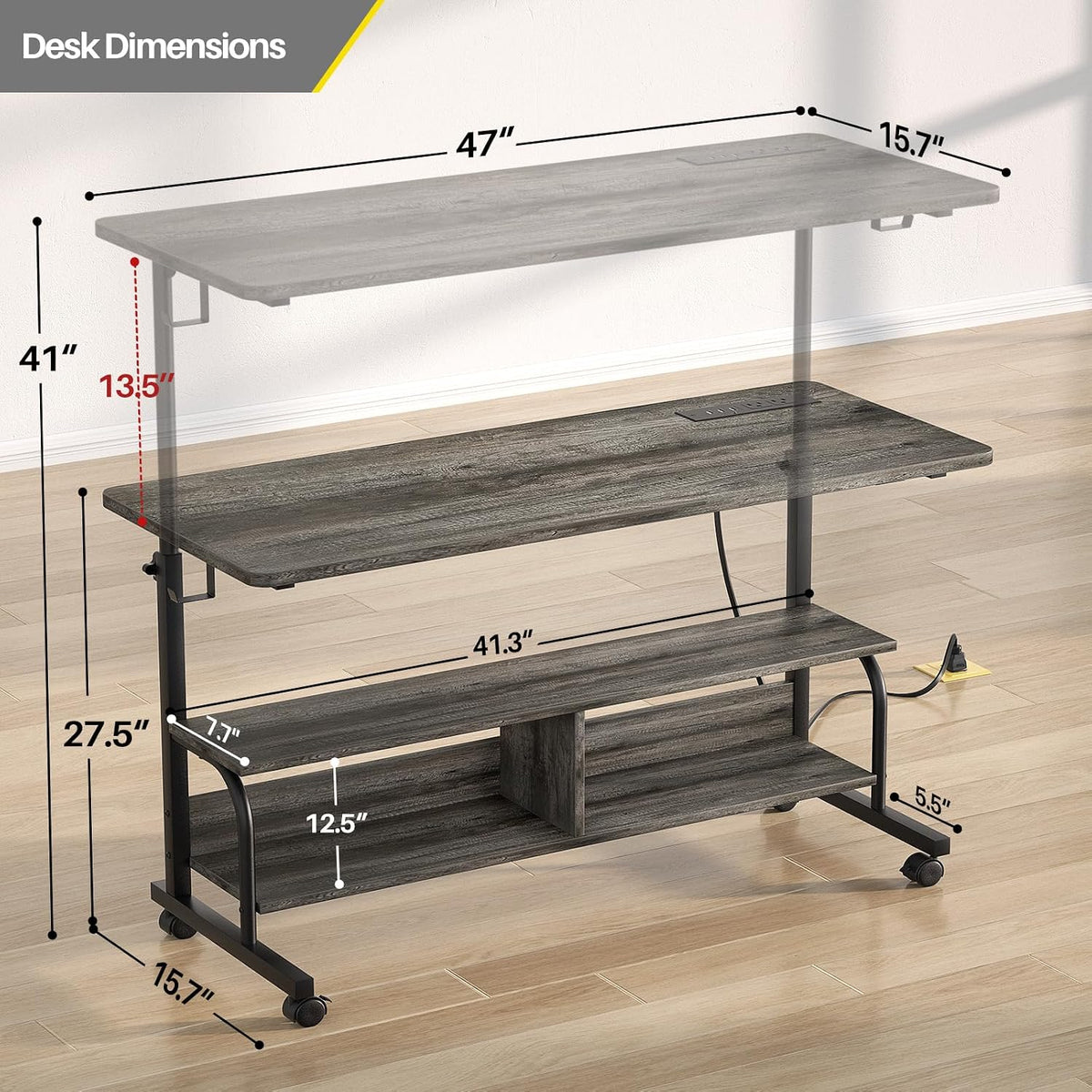 Armocity 47" Rolling Standing Desk with Charging Station for Couch Bed