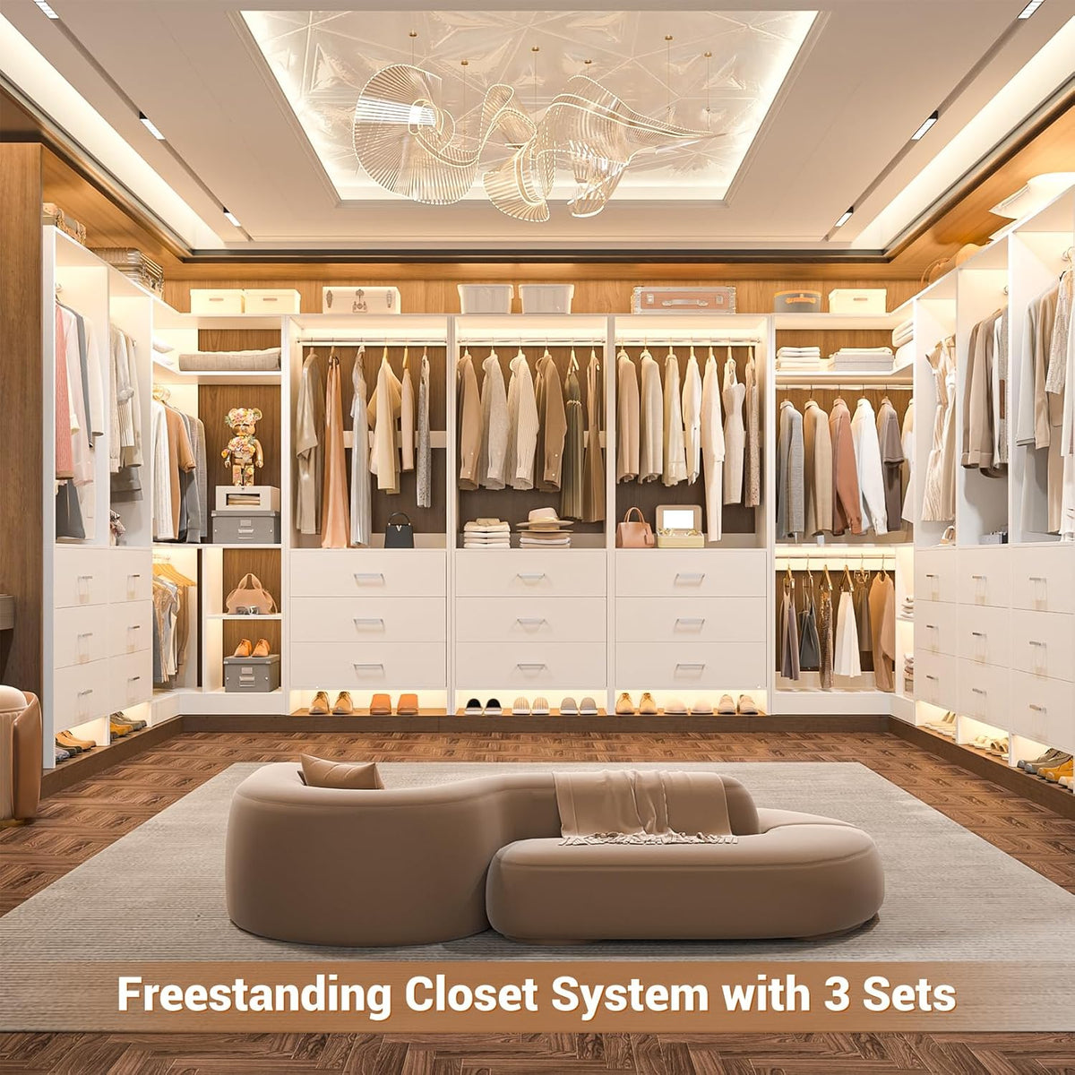 Aheaplus Closet System with 3 Drawers, L-Shaped Closet, Set of 2, White