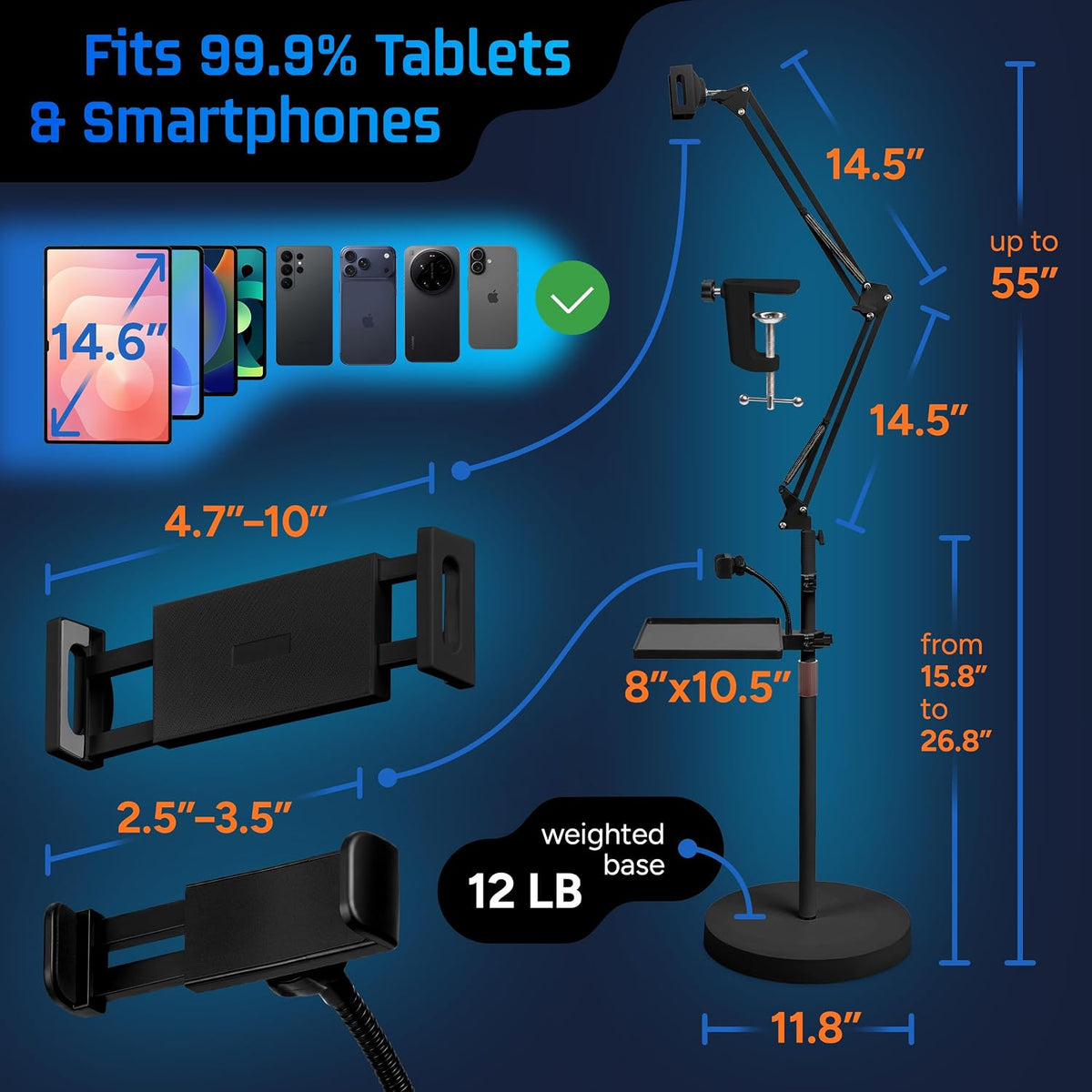 Tablet Floor Stand, 12lb Weighted Base, Tray & Phone Holder, Black