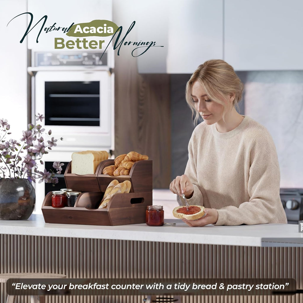 acacia wood pantry storage bins - stackable open showing dimensions