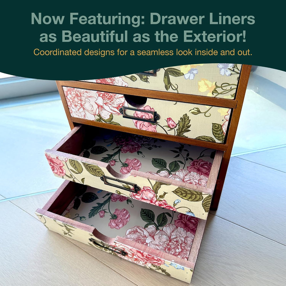 4-Drawer Vintage Desk Organizer with Jacobean Pattern Pastel Flowers Curio Dr...
