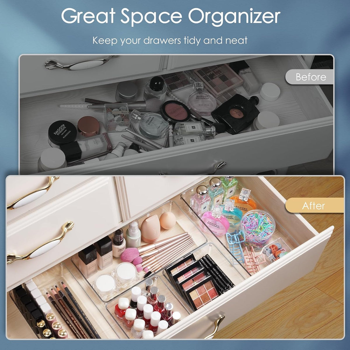 12 Pack Large Clear Plastic Drawer Organizer Set, Acrylic Bathroom Organizer ...