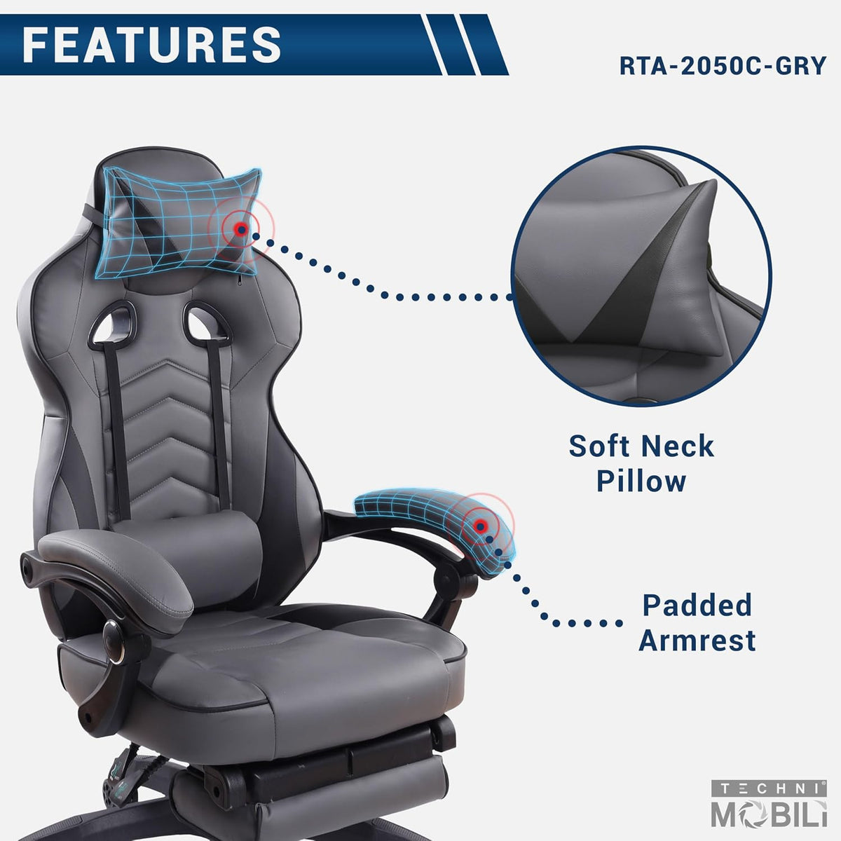 Techni Mobili Executive Gaming Chair with Footrest, 150° Reclining, Grey