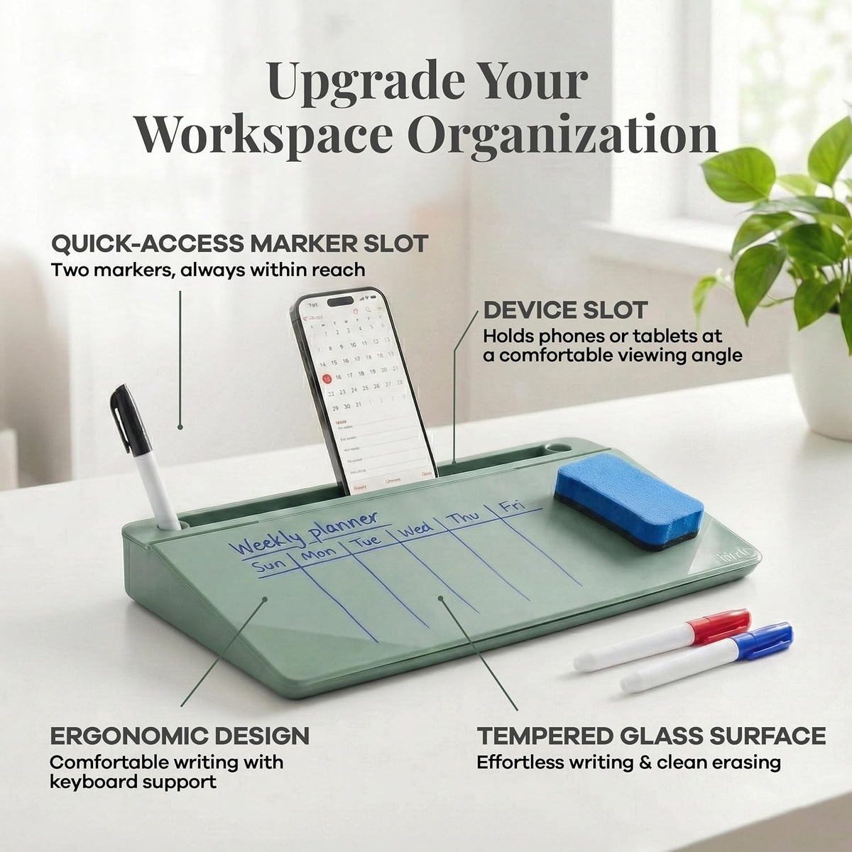 Birch Desktop Glass Whiteboard with Magnetic Weekly Calendar – Dry Erase Boar...