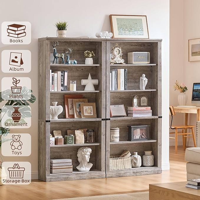 RWYHG 70" Grey Tall Bookshelf Set of 2, 5-Tier Thick Wooden Book Shelf - Image 4