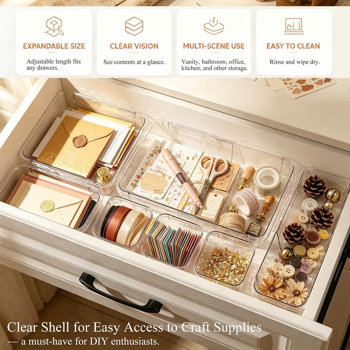 14Pcs Clear Expandable Drawer Organizer Bins for Vanity Desk Bathroom