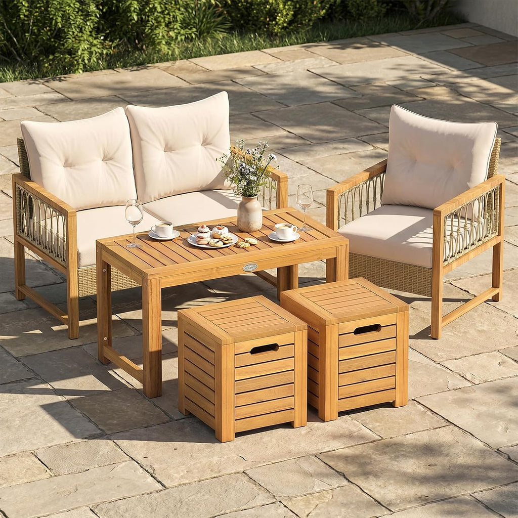 tangkula acacia wood outdoor coffee table with stools, front angle view