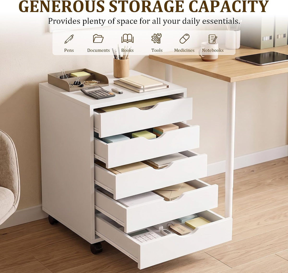 5 Drawer File Cabinet with Wheels, Rolling Printer Stand with Storage
