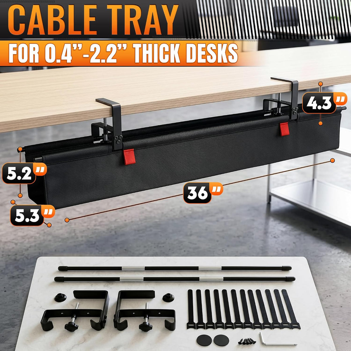 Under Desk Cable Management Tray 36" — No Drill Clamp-On Cord Organizer ...
