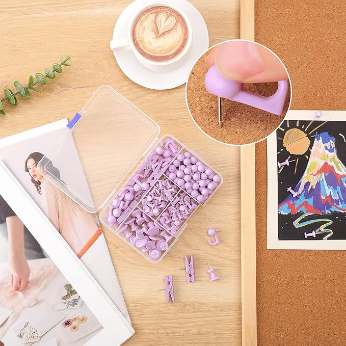 200 Pieces Push Pins Set, 5 Types Purple Thumb Tacks Cute Decorative Push Pins - Image 3