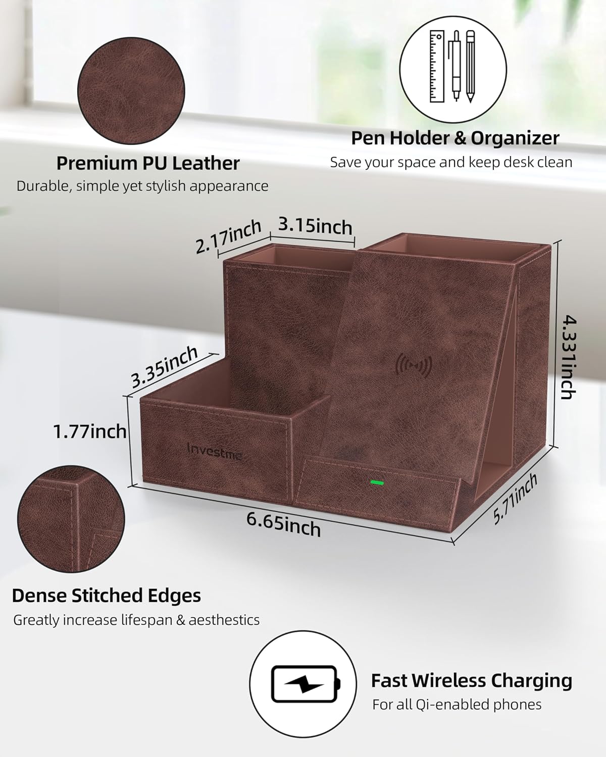 Wireless Charger with Desk Organizer, 3 Compartments and 1 Phone Stand