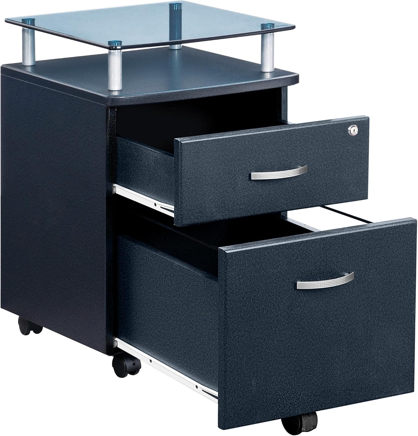 2‑Drawer Rolling File Cabinet with Lock, Glass Top,Fits Under‑Desk,Graphite | Rolling 2‑drawer file cabinet with lock, glass top, storage shelf, smooth wheels, under‑desk design work as a printer stand