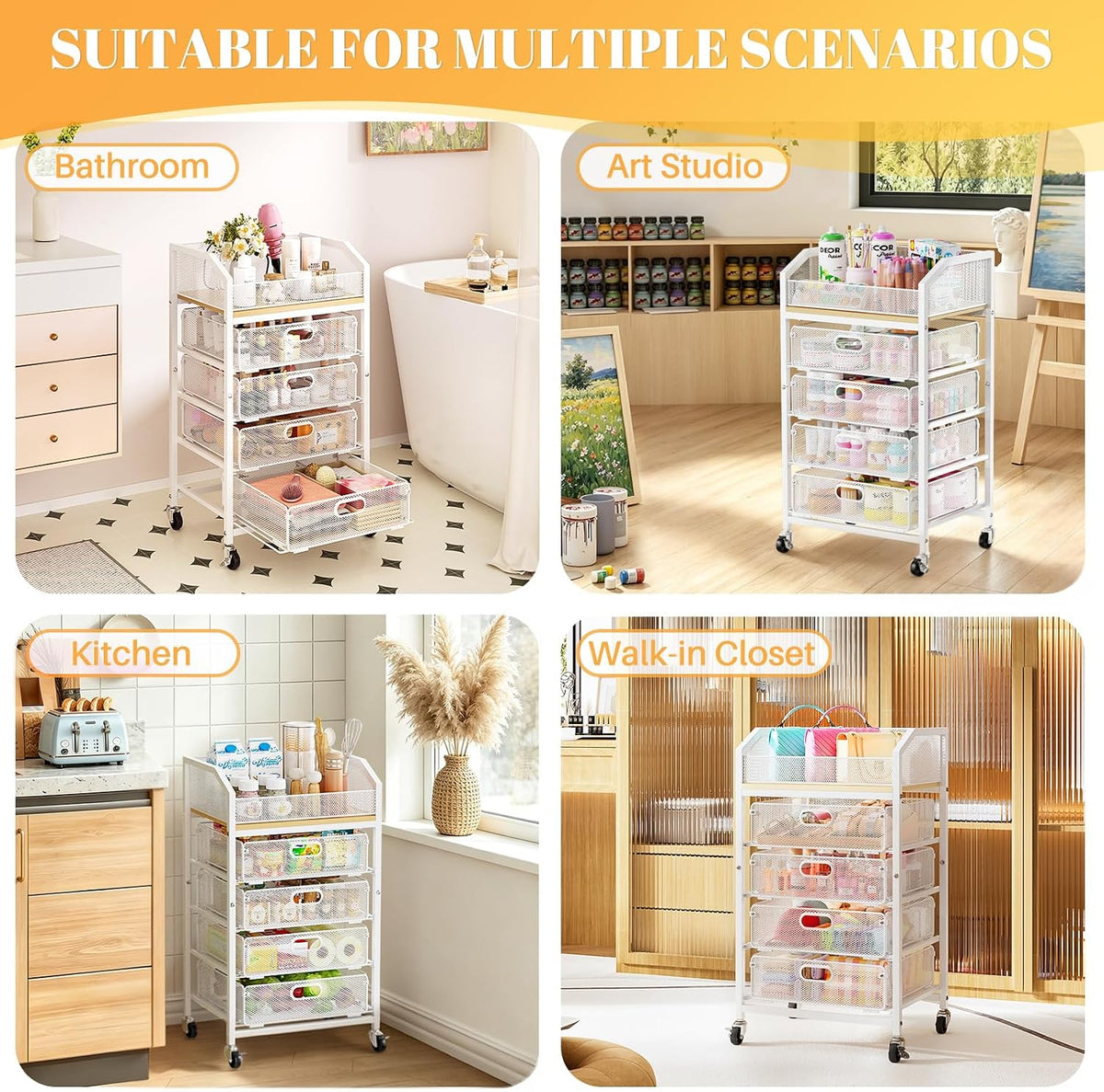 SUNALLY Rolling Makeup Cart with Drawers, Rolling Vanity Nail Cart, White