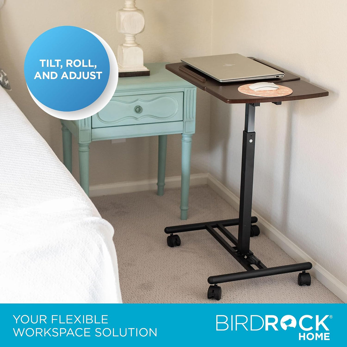 BIRDROCK HOME Adjustable Mobile Laptop Stand - Brown - Portable Rolling Stand...