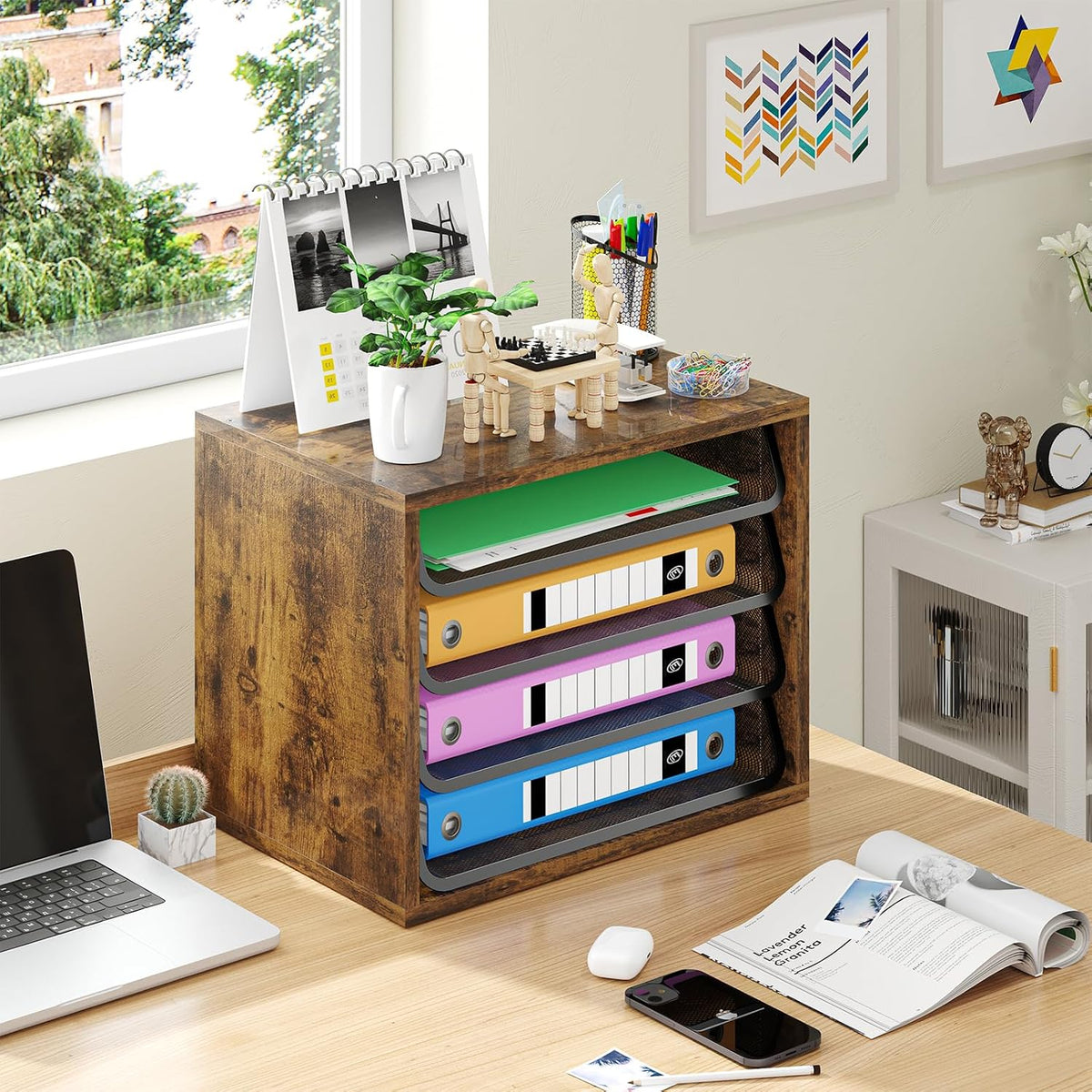Simple Trending 4-Tier Desk File Organizer, Paper Organizer, Rustic Brown