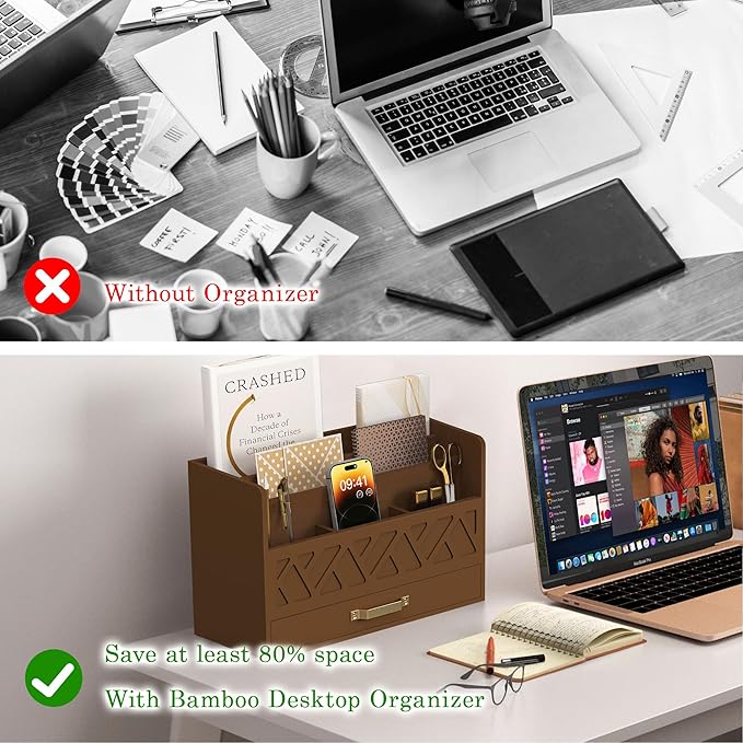 WISUCART Bamboo Mail Organizer Countertop Wood Desk Organizer Drawer Tabletop - Image 5