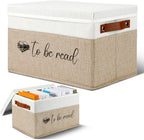 Marsui 1 Pcs Book Lover Gifts TBR Book Storage Basket with Lids,Camel | To Be Read Storage Bin, Linen with Leather Handles, Organizer for Paperback Novels, Bookish Gifts for Club Readers Teachers