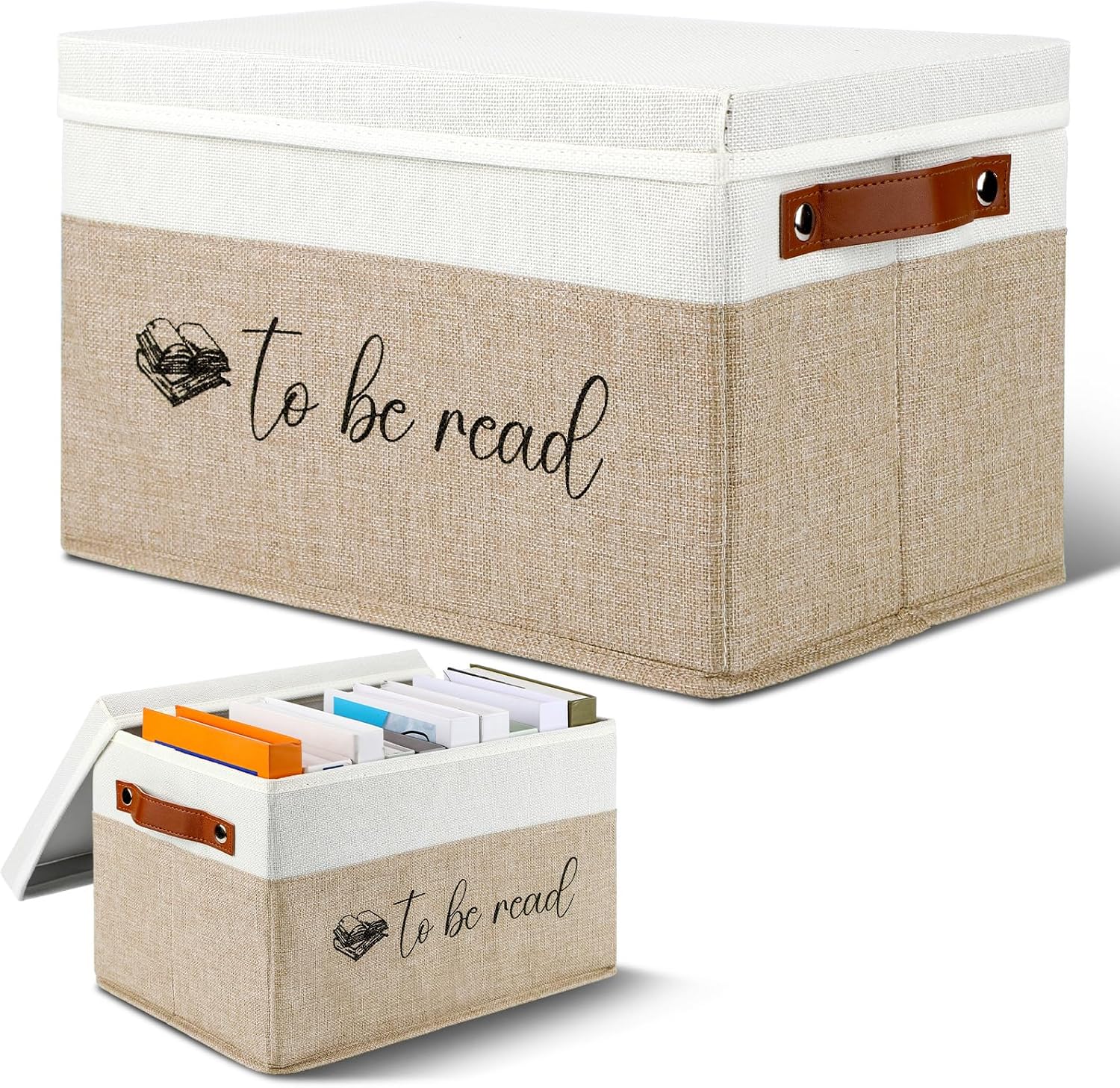 Marsui 1 Pcs Book Lover Gifts TBR Book Storage Basket with Lids,Camel | To Be Read Storage Bin, Linen with Leather Handles, Organizer for Paperback Novels, Bookish Gifts for Club Readers Teachers