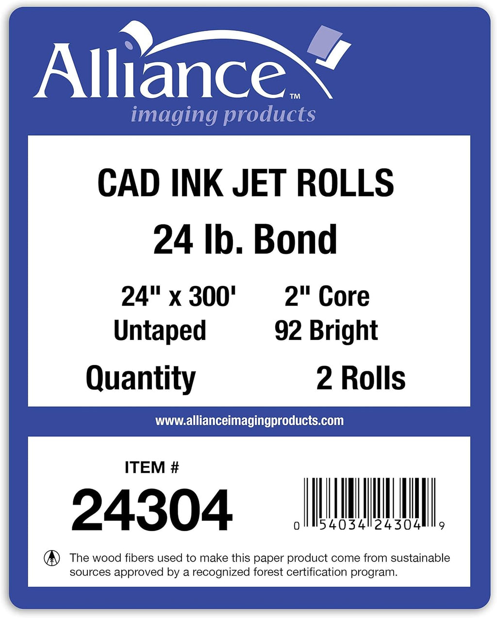 Alliance Wide Format Paper 24” x 300’ CAD Rolls 92 Bright, 24lb - 2 Rolls Per Carton - Ink Jet Bond Rolls with 2" Core