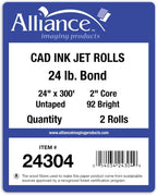 Alliance Wide Format Paper 24” x 300’ CAD Rolls 92 Bright, 24lb - 2 Rolls Per Carton - Ink Jet Bond Rolls with 2" Core