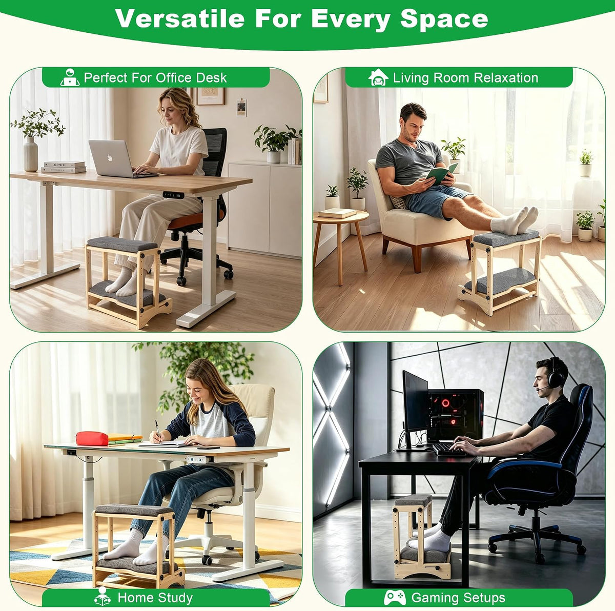 Foot Rest for Under Desk, Two-Tier Bamboo Foot Stool with Soft Cushions