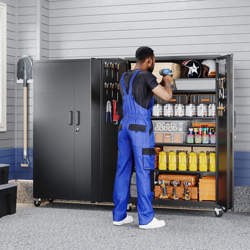 yizosh metal garage storage cabinet with locking doors shown in use
