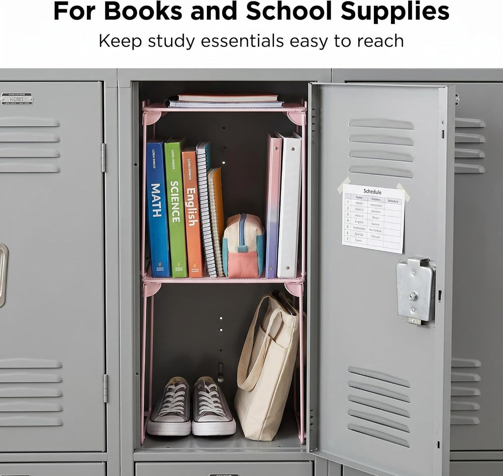 Neudeco Pack 2, Mesh Locker Shelf, Stackable Extra Tall Locker Organizer, Collapsible and Metal Build, Fits Standard Size School Locker, Suitable for Work, Kitchen, Bathroom (Pink)