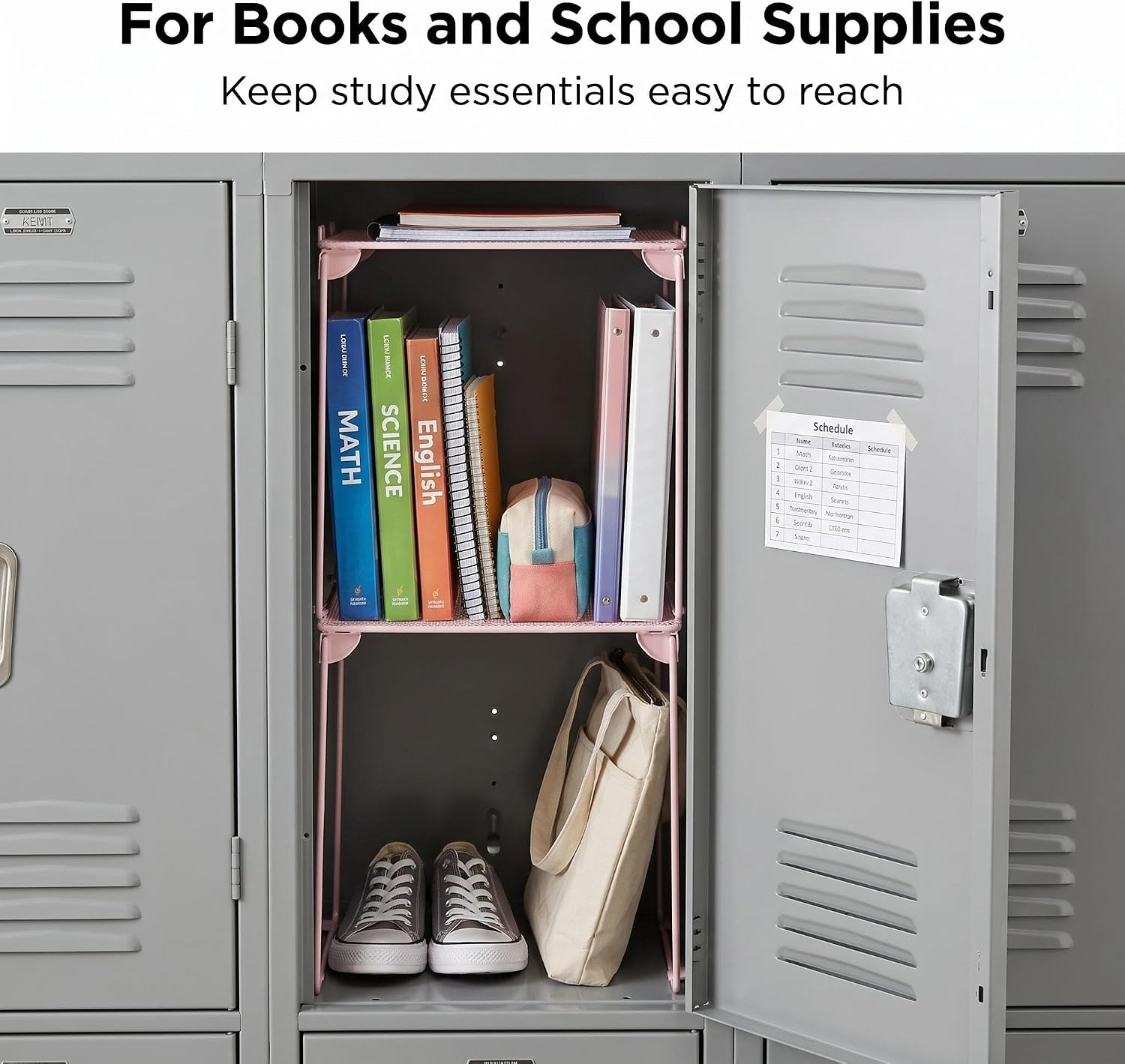 Neudeco Pack 2, Mesh Locker Shelf, Stackable Extra Tall Locker Organizer, Collapsible and Metal Build, Fits Standard Size School Locker, Suitable for Work, Kitchen, Bathroom (Pink)