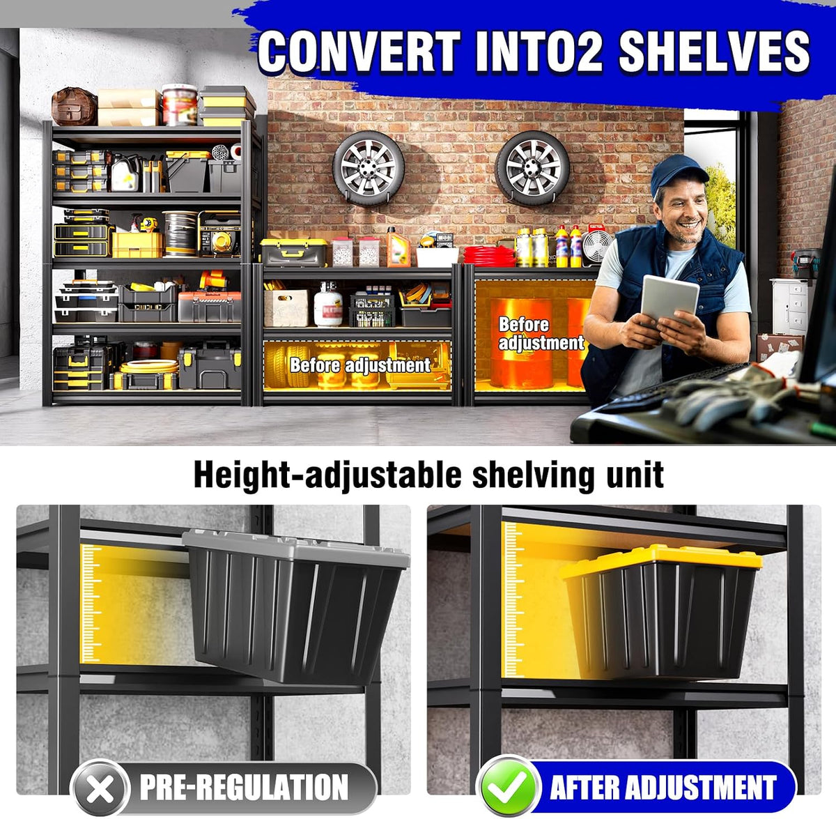 33" h x 35" w garage shelving for, side view