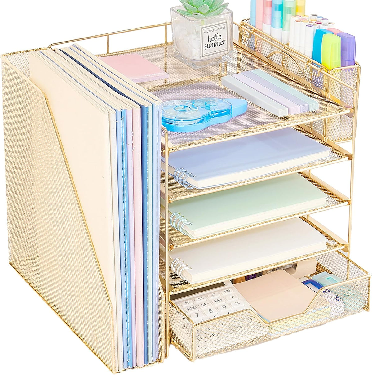 5-tier desk file organizer with drawer & pen, main product view
