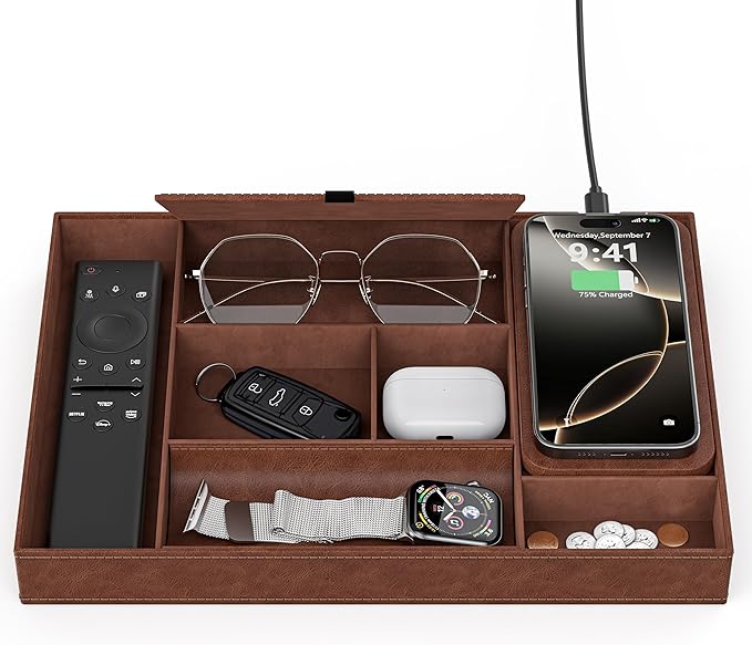 Valet Tray with Wireless Charger, Nightstand Organizer, Leather Desk Drawer by wirelessfuturecharger