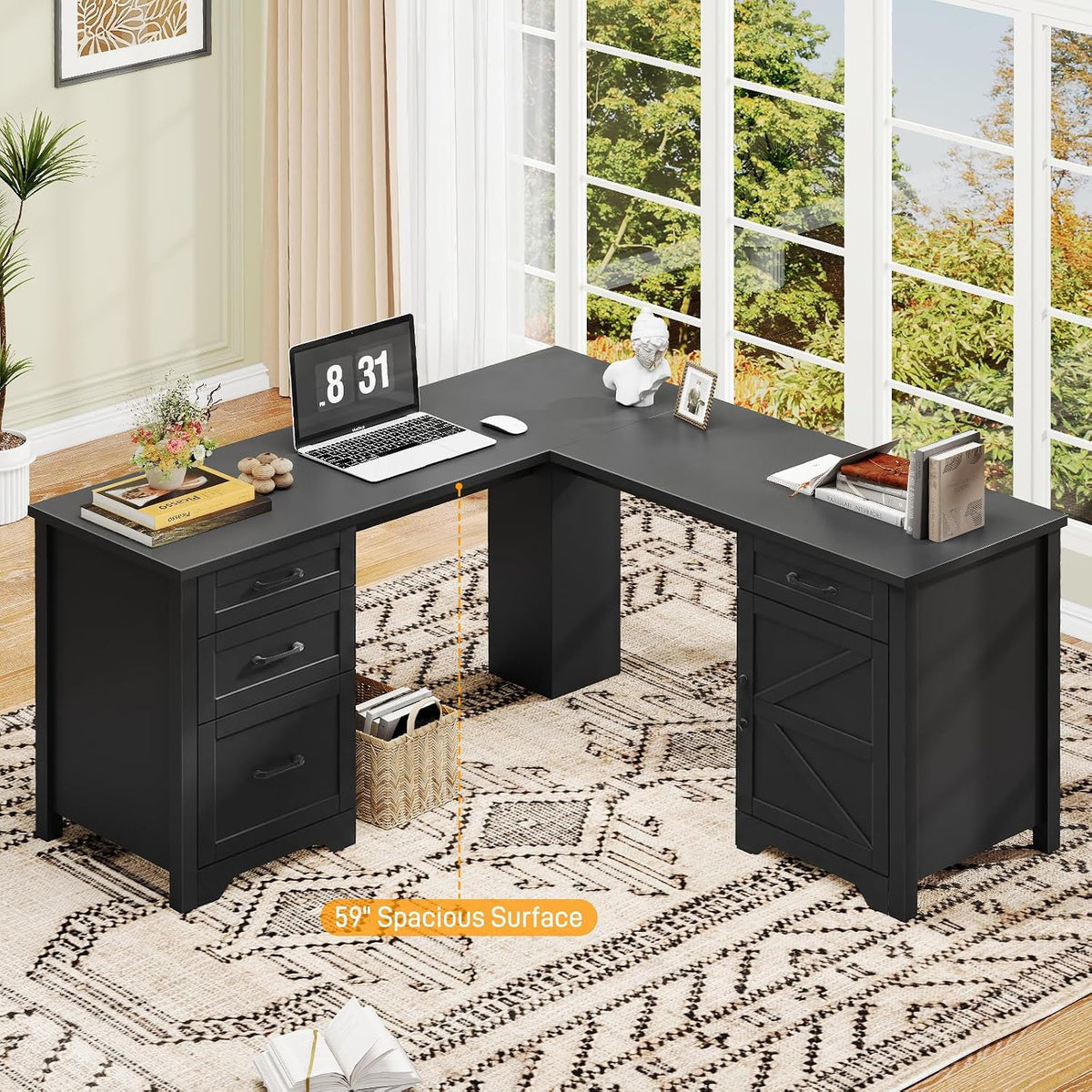 Vabches 59” Farmhouse L Shaped Executive Desk with File Drawer, Black