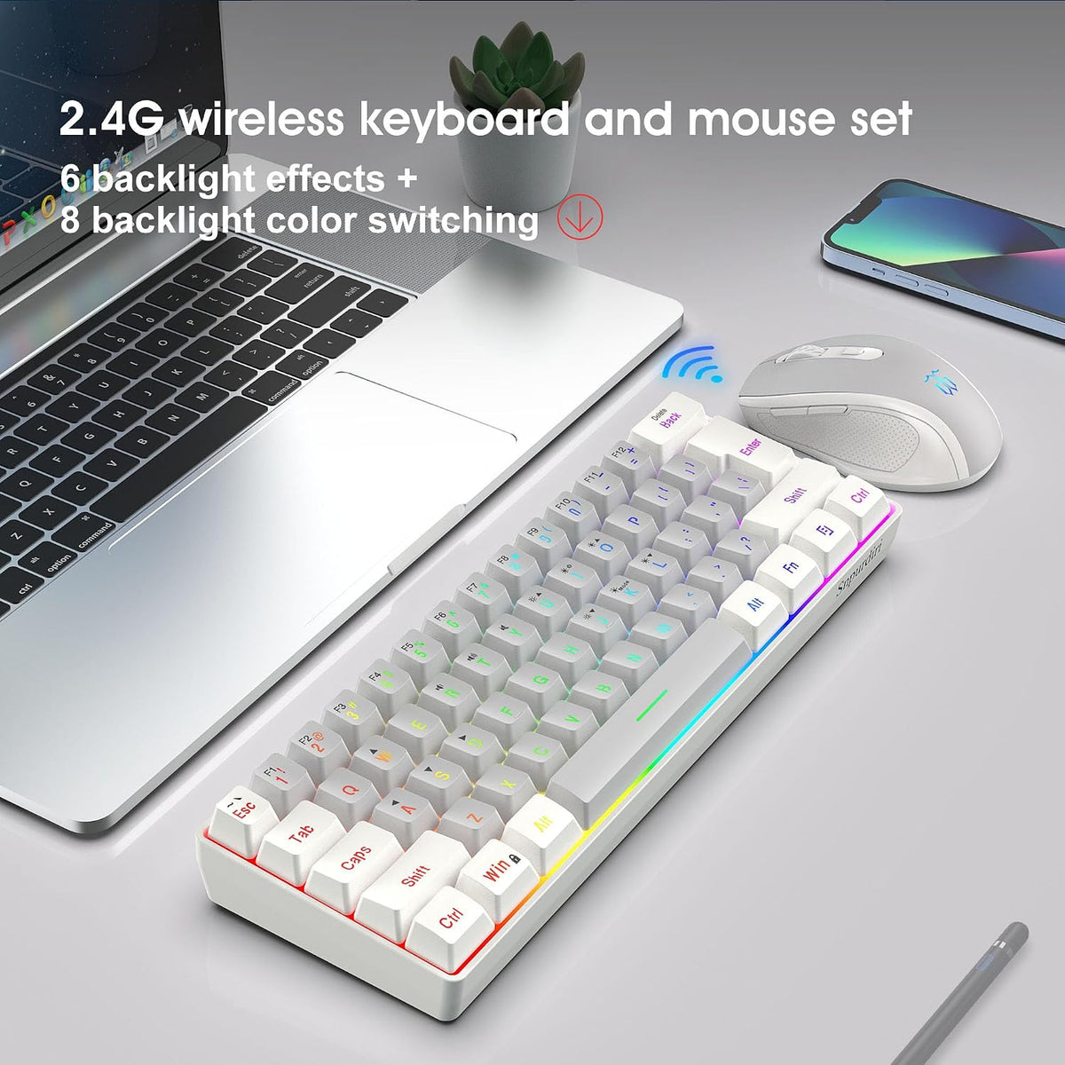 Snpurdiri 2.4G 60% Wireless Gaming Keyboard and Mouse Combo (White-Grey)
