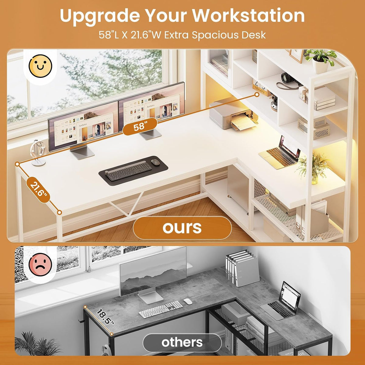 SEDETA L Shaped Computer Desk with Storage Shelves and Bookshelf, White