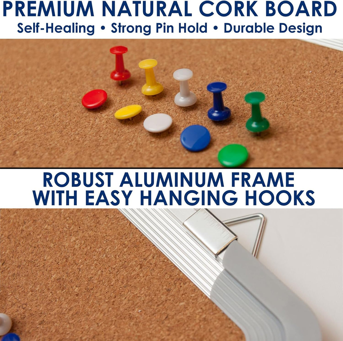 Cork Board 24x24 in, Framed Wall Hanging Bulletin Board with 10 Thumb Tacks