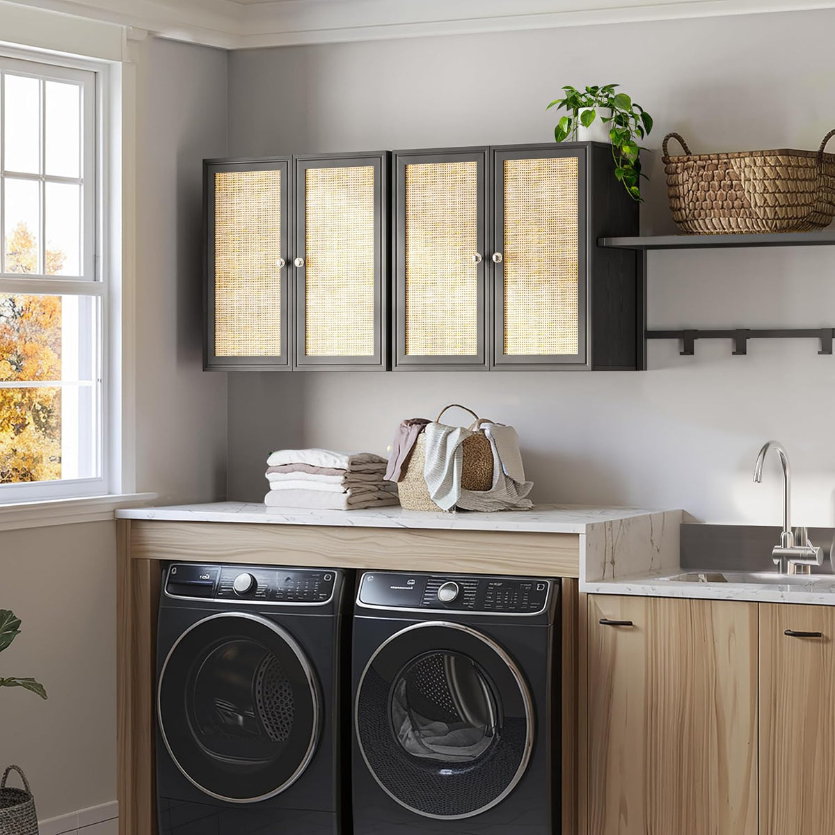 furnaza 48" w rattan wall cabinets for laundry shown in use