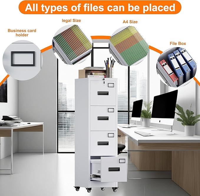 METAN 4 Drawer File Cabinet on Wheels, Lockable Metal Filing Cabinet - Image 6
