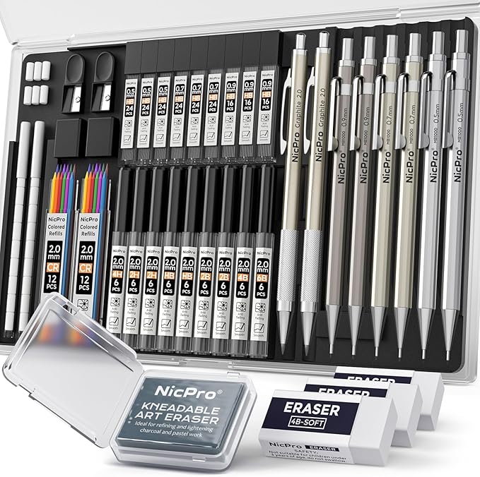 Nicpro 37PCS Art Mechanical Pencil Set, Metal Drafting Pencils 0.5 mm, 0.7 mm by Nicpro