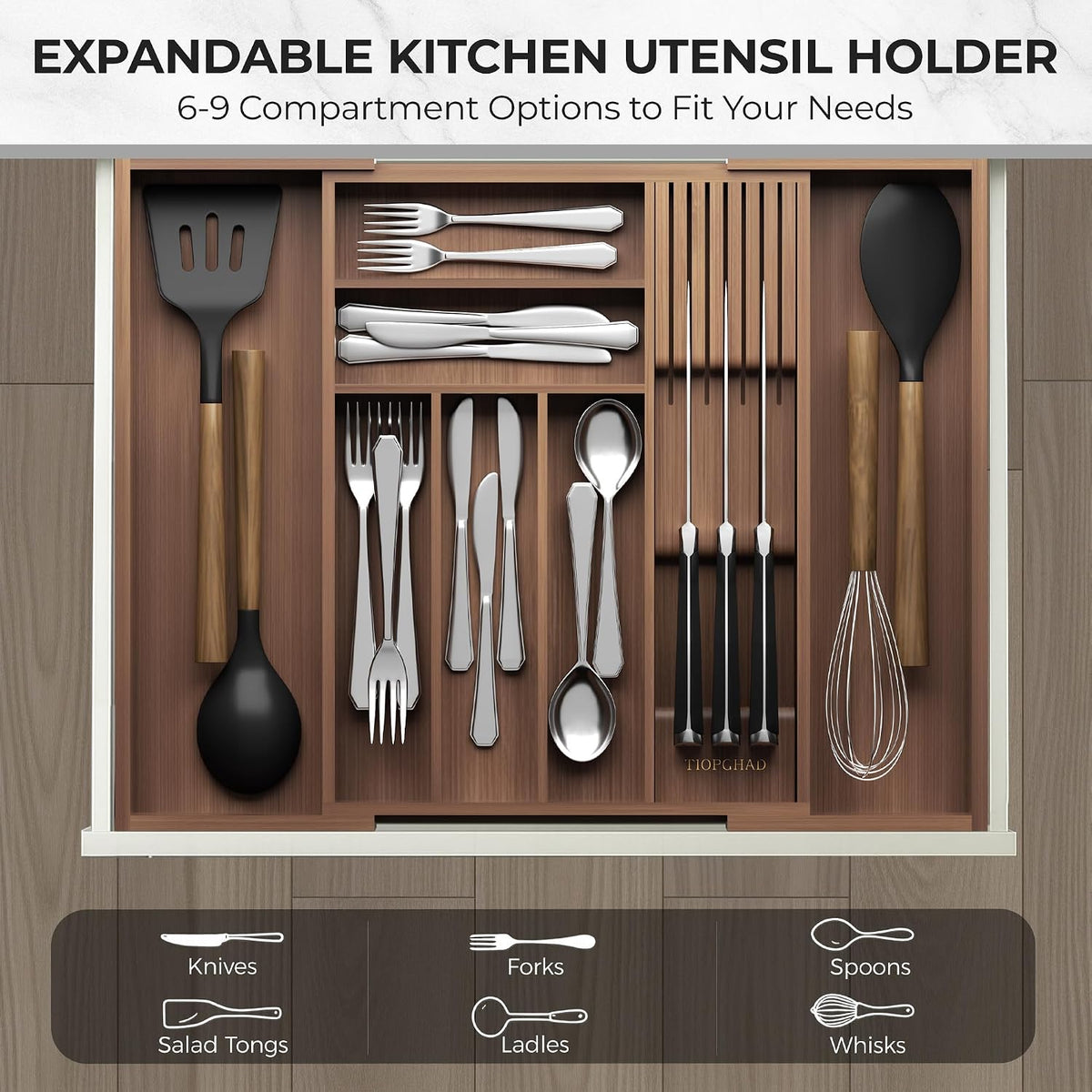 TIOPGHAD Expandable Bamboo Silverware Organizer with Knife Block, Brown
