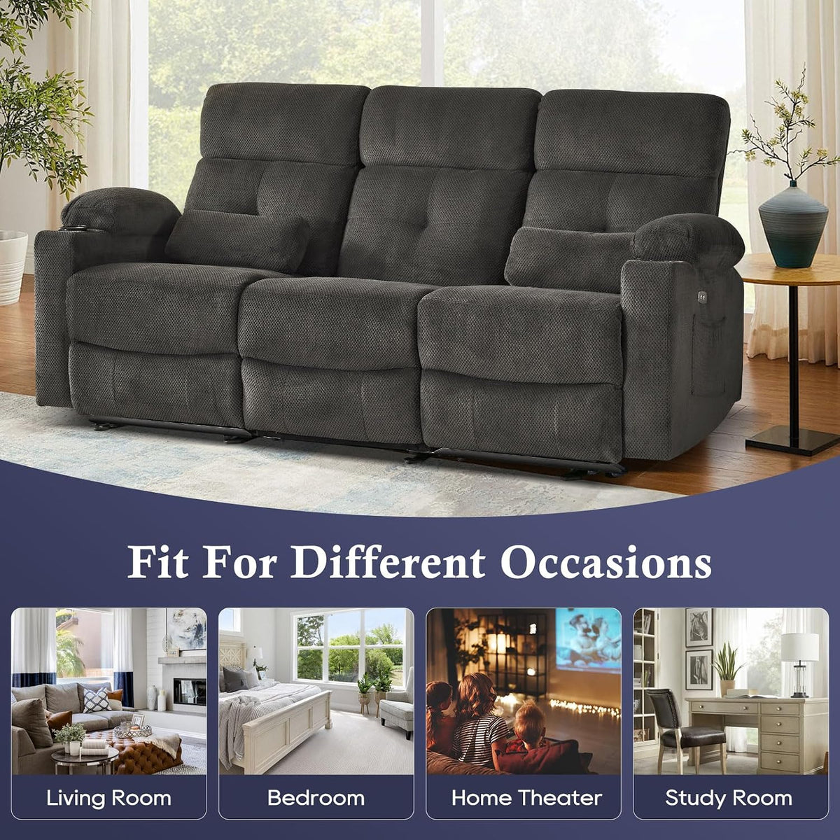 80'' Power Reclining Sofa with Heat and Massage, Electric Reclining C...