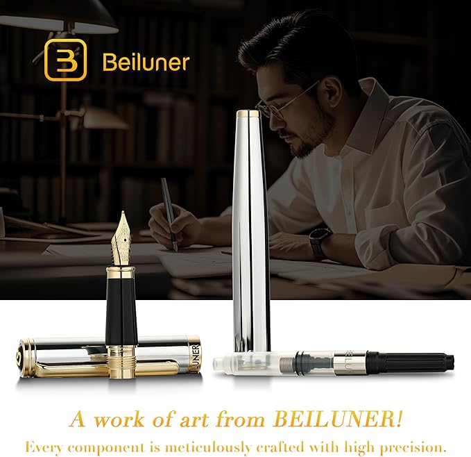 BEILUNER Silver Chrome Fountain Pen, Stunning Luxury - Image 6