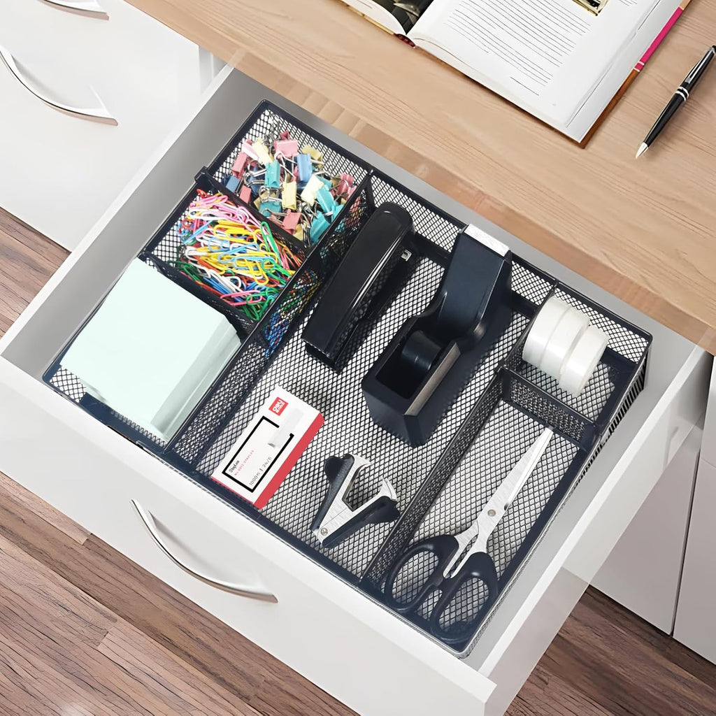 black desk organizer set, office supplies with stapler showing dimensions