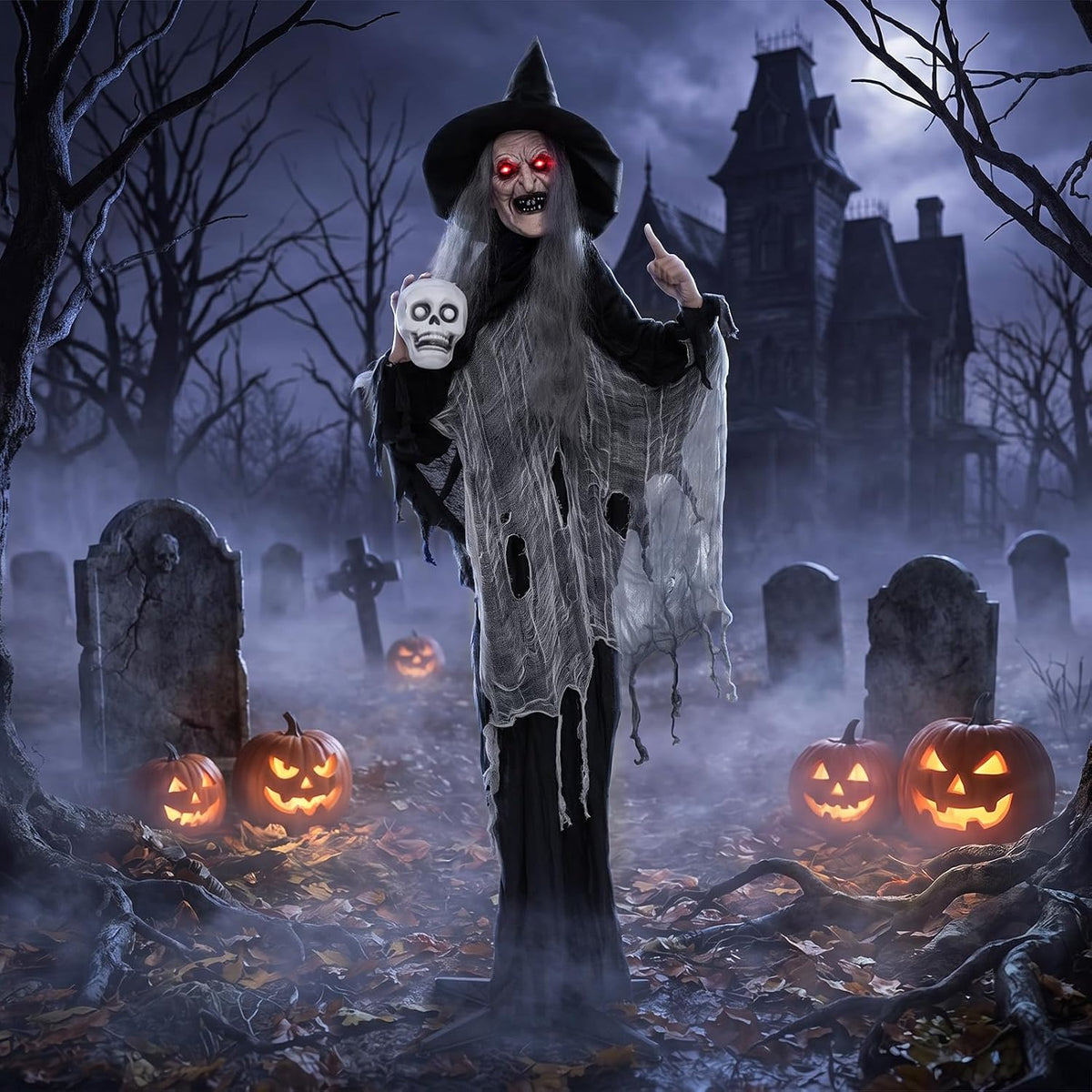 Tangkula 6.3 FT Animated Halloween Standing Talking Witch with Skull
