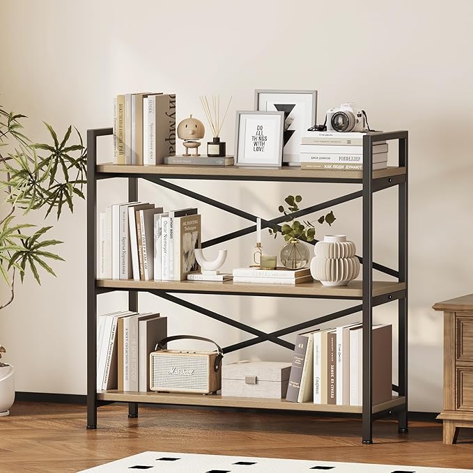 Homeiju 3 Tier Bookshelf 31.49" Width, Wood and Metal Etagere Bookcase - Image 2