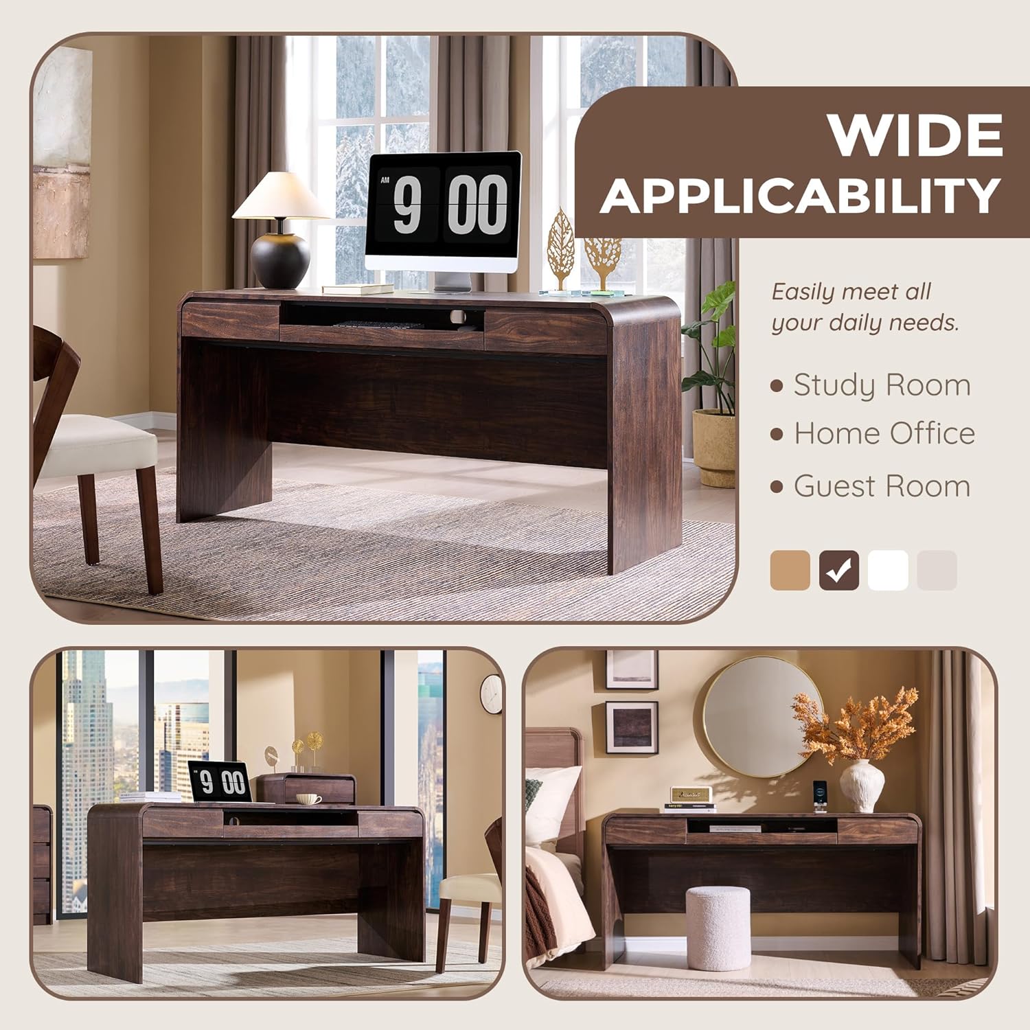 63" Modern Computer Desk with 2 Drawers, Wood Curved (Brown) | Executive Desk with Keyboard Tray & Power Outlet, Writing Desks with Storage for Home Office, Study Room, Living Room