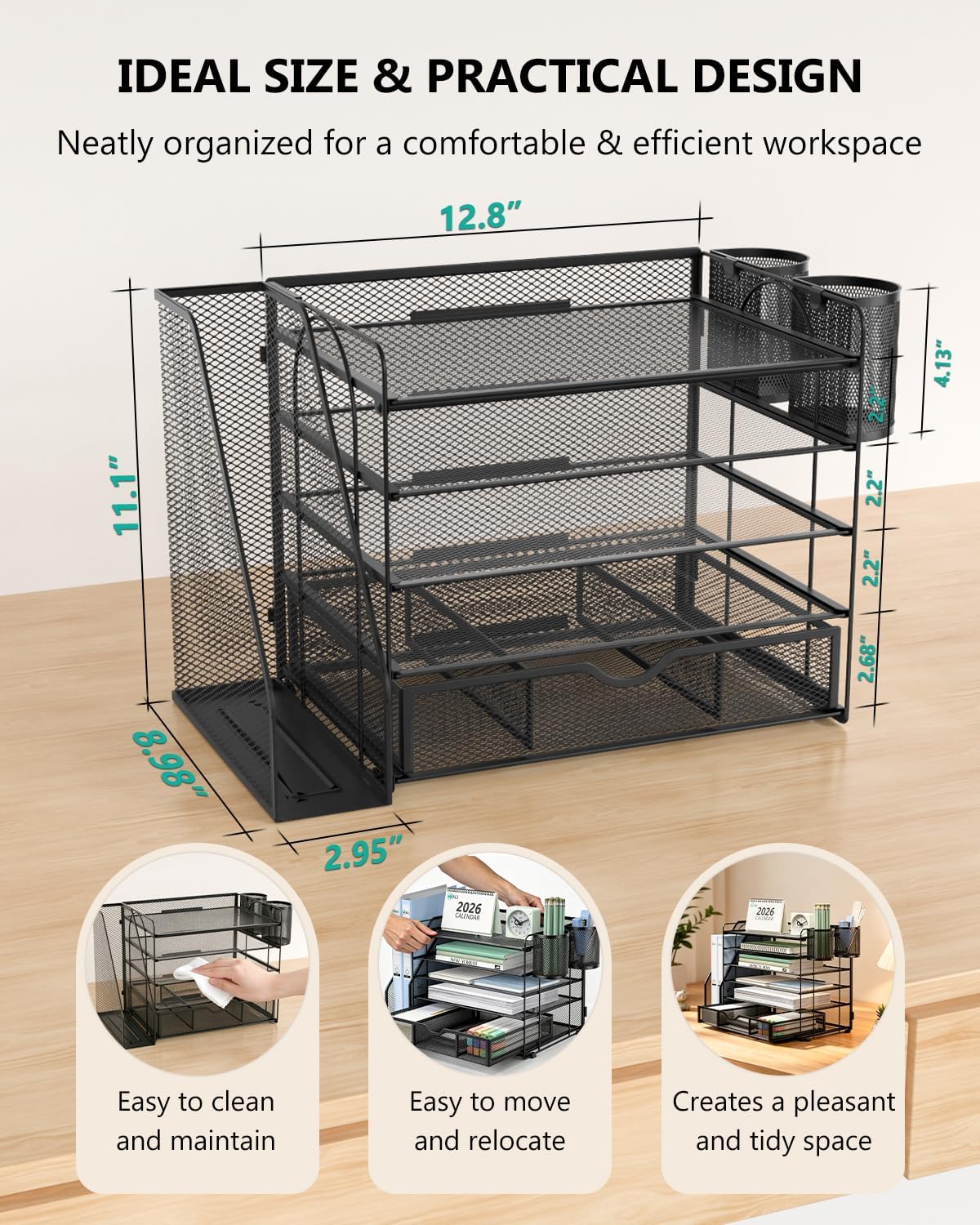 wali desk file organizer, 5 tier desktop paper, front angle view