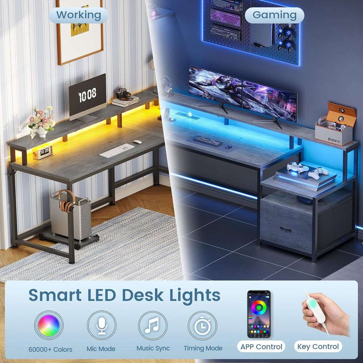 SEDETA 66" Reversible L Shaped Computer Desk with Power Outlet, File Drawer