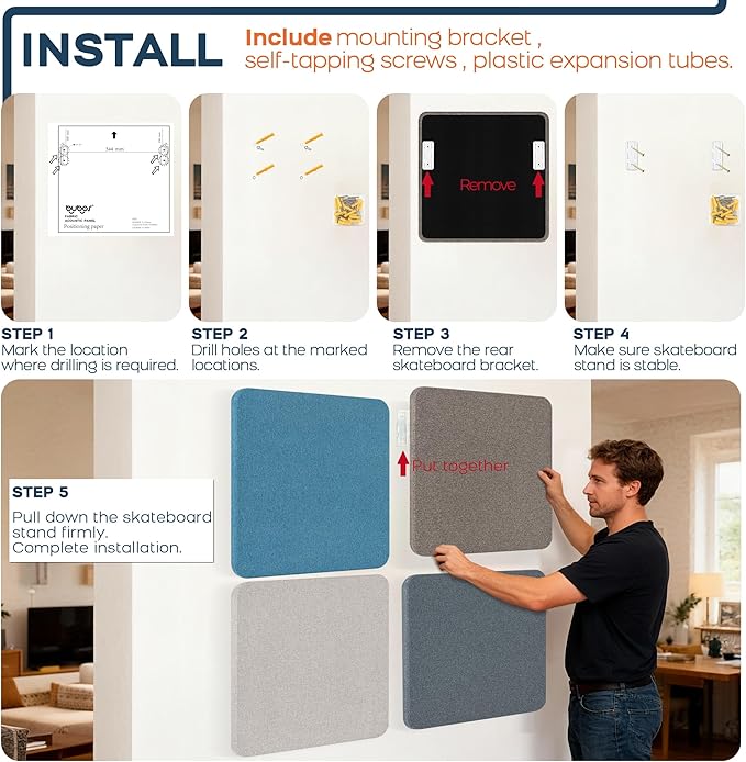 BUBOS 4 PCS Acoustic Panels, Fabric Soundproof Wall Panels, Self-adhesive Sound - Image 7
